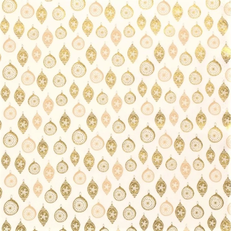 Fabric Cotton golden Christmas baubles Deco white Background | Wolf Fabrics