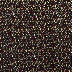 Fabric Cotton Gold Christmas Trees Stars and Hearts navy blue Background | Wolf Fabrics
