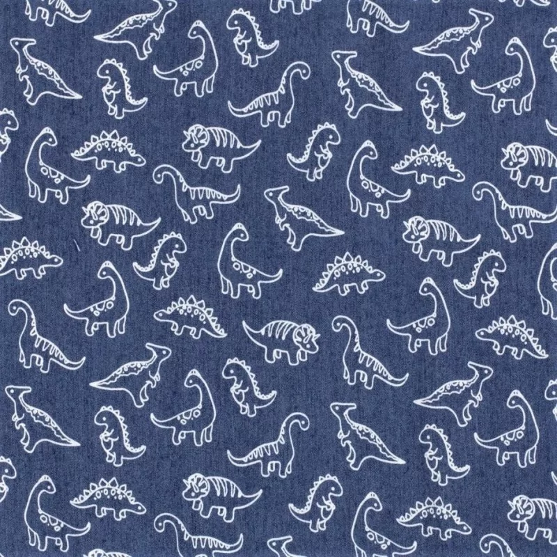 Fabric Jean light blue stretch printed small dinosaurs  | Wolf Fabrics