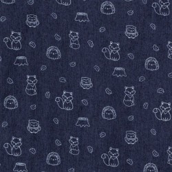 Dark blue stretch jean fabric animals of the forest |  Wolf Fabrics