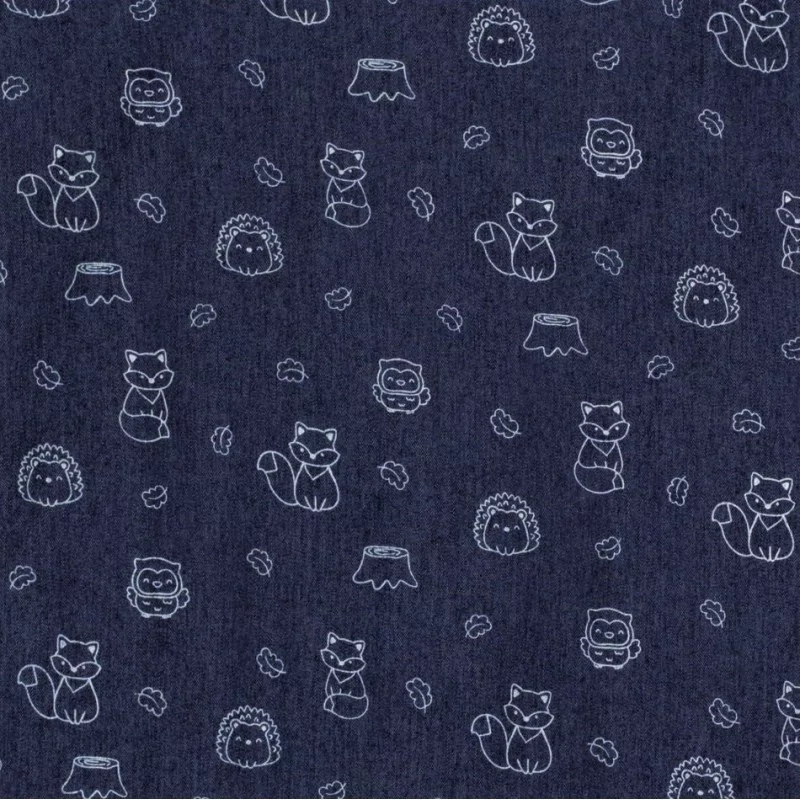 Dark blue stretch jean fabric animals of the forest |  Wolf Fabrics