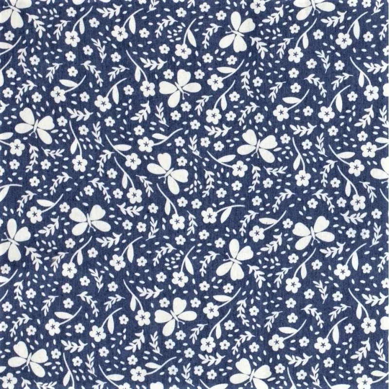 Fabric Jean light blue stretch printed butterflies and flowers  | Wolf Fabrics