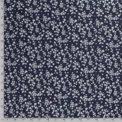 Dark blue stretch jean fabric small white  flowers |  Wolf Fabrics