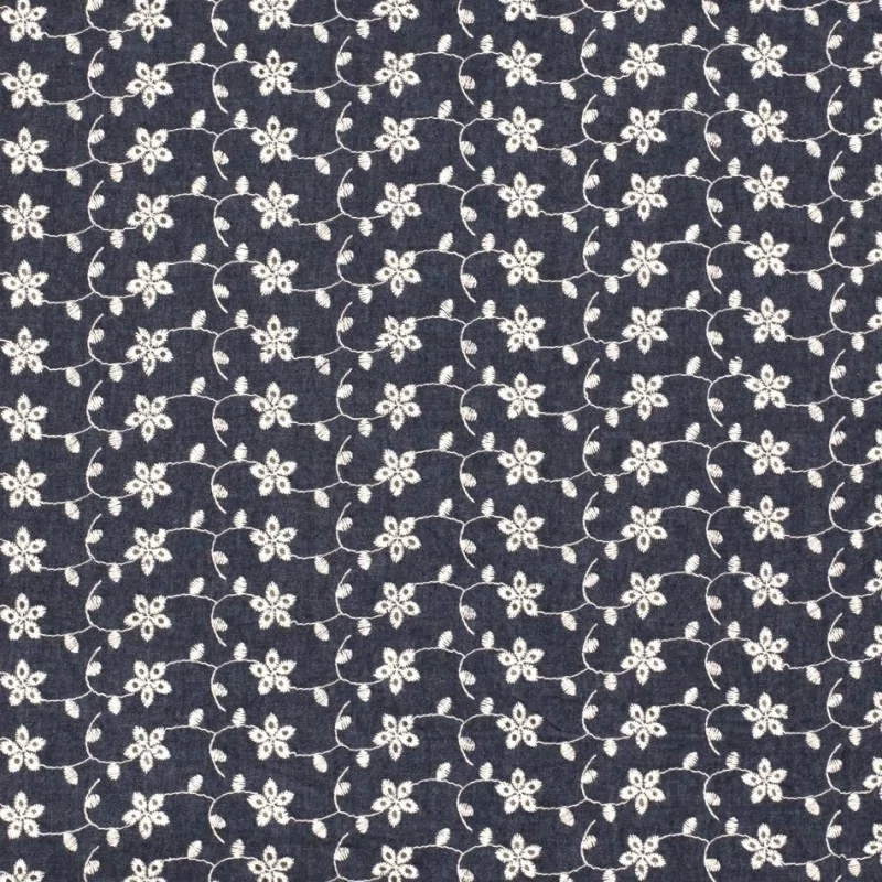 Jean fabric fine embroidery small white flowers  |  Wolf Fabrics