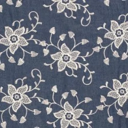 Jean fabric fine embroidery large flowers |  Wolf Fabrics
