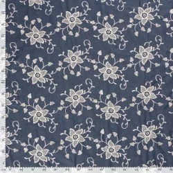 Jean fabric fine embroidery large flowers |  Wolf Fabrics