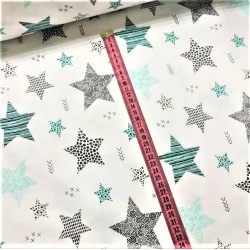 Fabric cotton turquoise and grey stars fancy | Wolf Fabrics