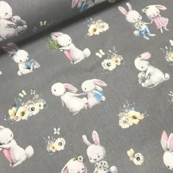 Fabric Cotton Rabbits and Flowers | Wolf Fabrics