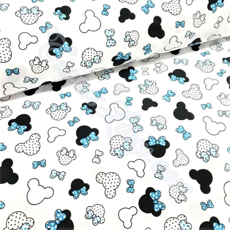 Fabric Cotton Minnie-Mickey-Mouse Small Head Knotted turquoise blue | Wolf Fabrics
