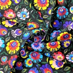 Fabric Cotton Folkloric Flowers  Black Background | Wolf Fabrics