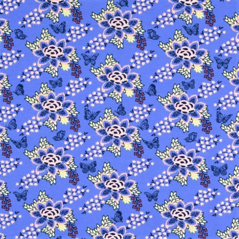 Fabric Jersey Flower and Butterfly bright blue background | Wolf Fabric