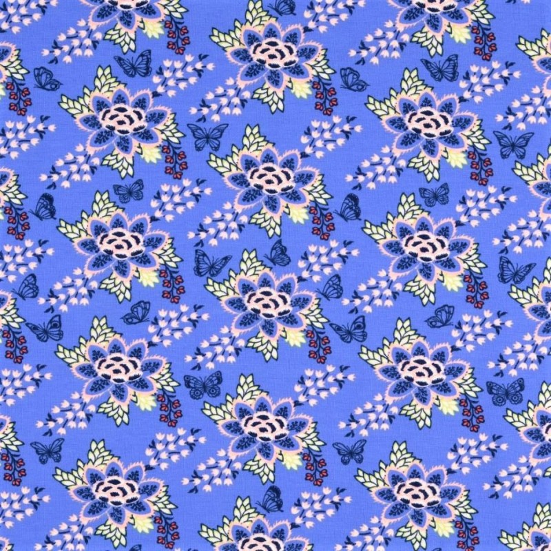 Fabric Jersey Flower and Butterfly bright blue background | Wolf Fabric