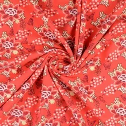Fabric Jersey Flower and Butterfly color coral background | Wolf Fabric