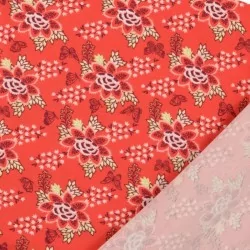 Fabric Jersey Flower and Butterfly coral background | Wolf Fabric