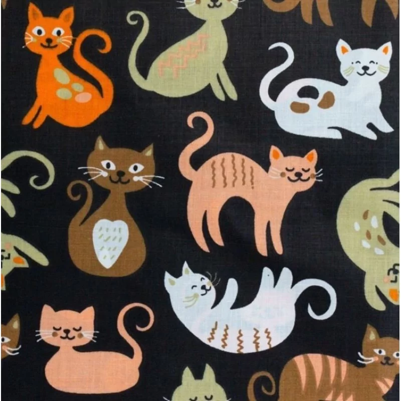 Fabric cotton adorable cats black background | Wolf Fabrics