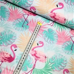Fabric Cotton Pink Flamingo and Palm Leaf | Wolf Fabrics
