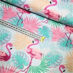 Fabric Cotton Pink Flamingo and Palm Leaf | Wolf Fabrics