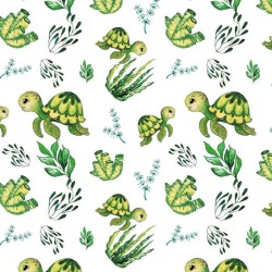Cotton fabric printed with green seam turtles and plants | Wolf Fabrics