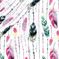 Fabric Cotton Pink and Emerald Feathers and Beads | Wolf Fabrics