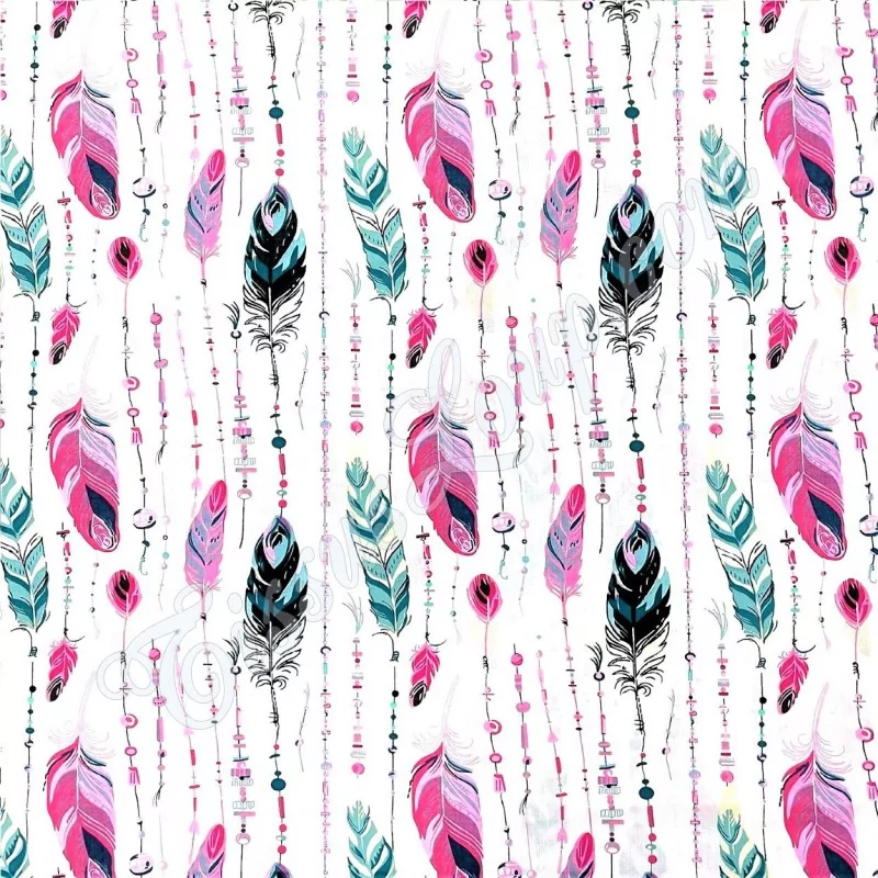Fabric Cotton Pink and Emerald Feathers and Beads | Wolf Fabrics