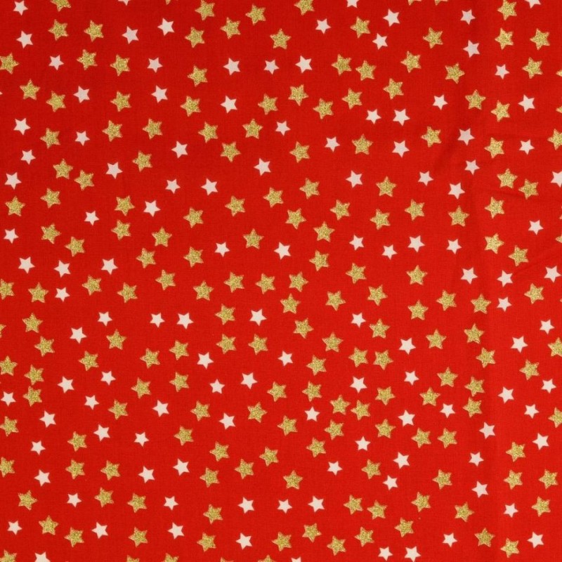 Fabric Cotton Gold and white stars Red Background | Wolf Fabrics