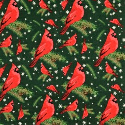 Fabric Cotton Christmas Bird Robin green background | Wolf Fabrics