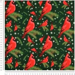 Fabric Cotton Christmas Bird Robin green background | Wolf Fabrics