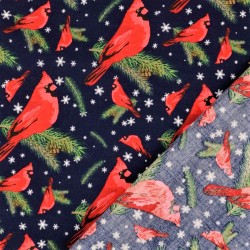 Fabric Cotton Christmas Bird Robin navy blue background | Wolf Fabrics
