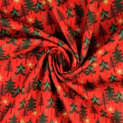 Fabric Cotton Christmas trees and golden snowflakes Red Background | Wolf Fabrics