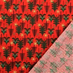 Fabric Cotton Christmas trees and golden snowflakes Red Background | Wolf Fabrics