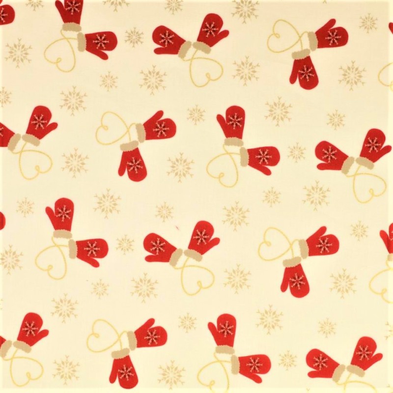 Fabric Cotton Christmas gloves Ecru Background | Wolf Fabrics