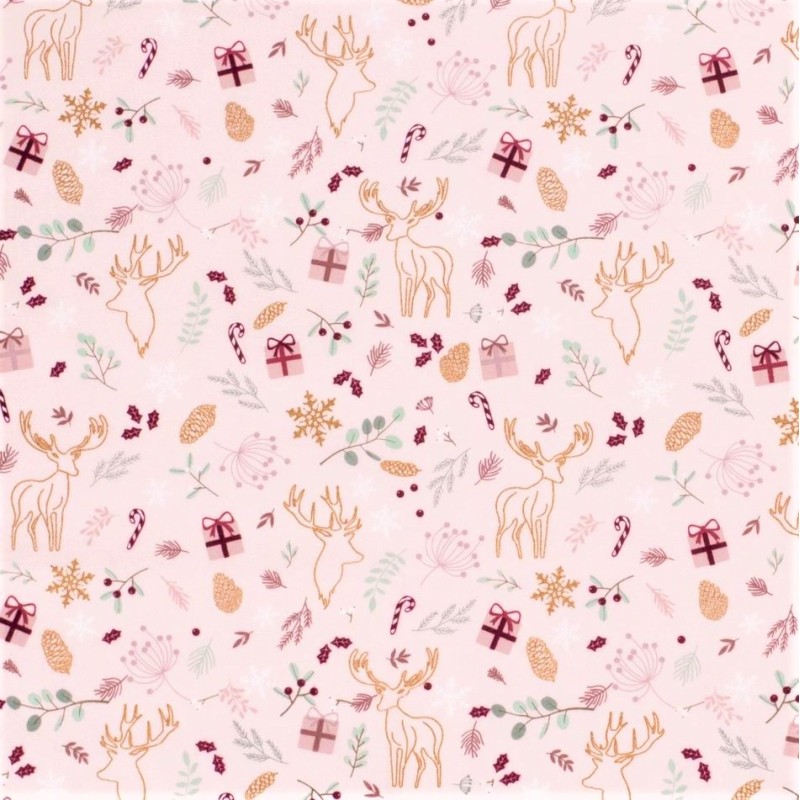 Golden Christmas Reindeer Fabric pink background |  Wolf Fabrics