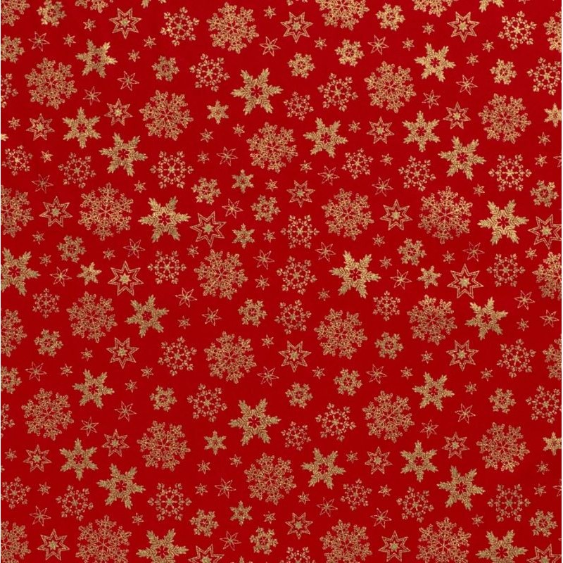 Cotton Fabric Golden Snowflakes Red Background | Wolf Fabrics
