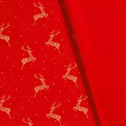 Christmas Fabric  golden reindeer red background |  Wolf Fabrics