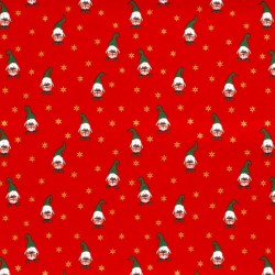 Fabric Cotton Christmas elves and golden stars red background | Wolf Fabrics