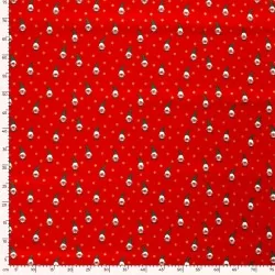 Fabric Cotton Christmas elves and golden stars red background | Wolf Fabrics
