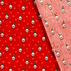 Fabric Cotton Christmas elves and golden stars red background | Wolf Fabrics