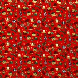 Fabric Cotton Christmas baubles and gifts red background | Wolf Fabrics