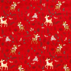 Fabric Cotton Doe Rabbit and Christmas Reindeer red background | Wolf Fabrics