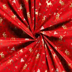 Fabric Cotton Doe Rabbit and Christmas Reindeer red background | Wolf Fabrics