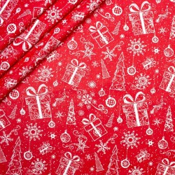 Cotton Fabric Gift and Christmas Tree Red Background | Wolf Fabrics
