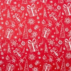 Cotton Fabric Gift and Christmas Tree Red Background | Wolf Fabrics