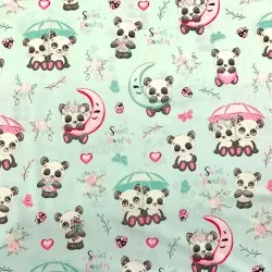 Cottton Fabric Pandas in Love mint green background | Wolf Fabrics