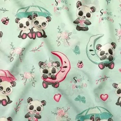 Cottton Fabric Pandas in Love mint green background | Wolf Fabrics