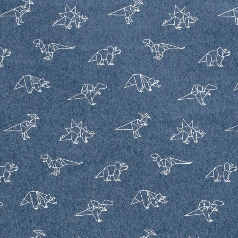 Fabric Jean light blue stretch origami dinosaurs  | Wolf Fabrics