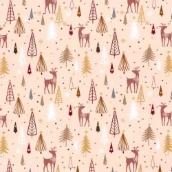 Fabric Cotton Christmas reindeer and fir tree powder pink background |  Wolf Fabrics