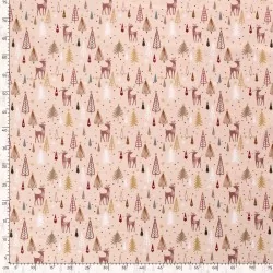 Fabric Cotton Christmas reindeer and fir tree powder pink background |  Wolf  Fabrics