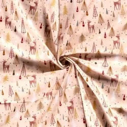Fabric Cotton Christmas reindeer and fir tree powder pink background |  Wolf Fabrics