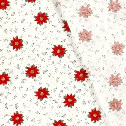 Fabric Cotton Christmas red star flower white background |  Wolf Fabrics