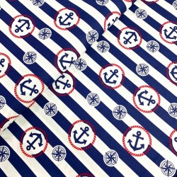 Fabric Cotton Navy Blue Stripes Anchors and Compass Rose | Wolf Fabrics